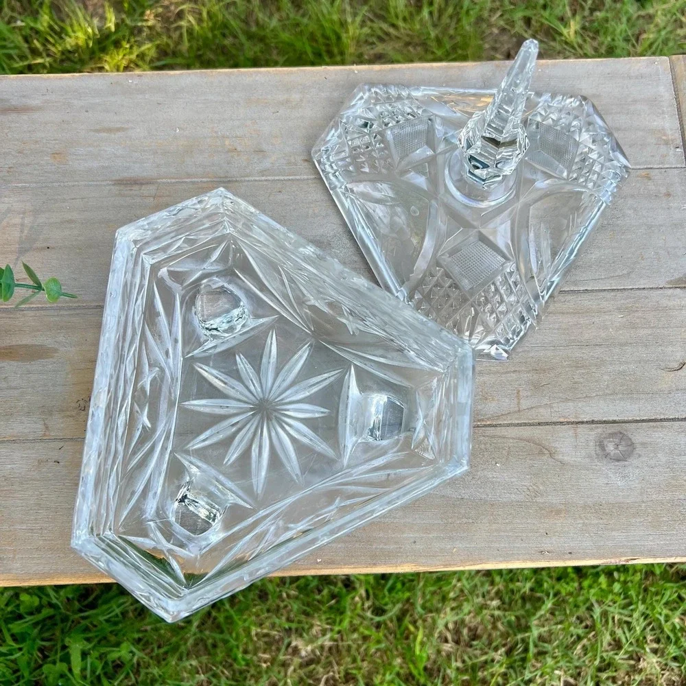 Vintage Glass Hexagon Footed Floral Candy Dish